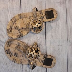 Tory Burch Beige Black Gold Animal Print Logo Medallion Thong Sandals